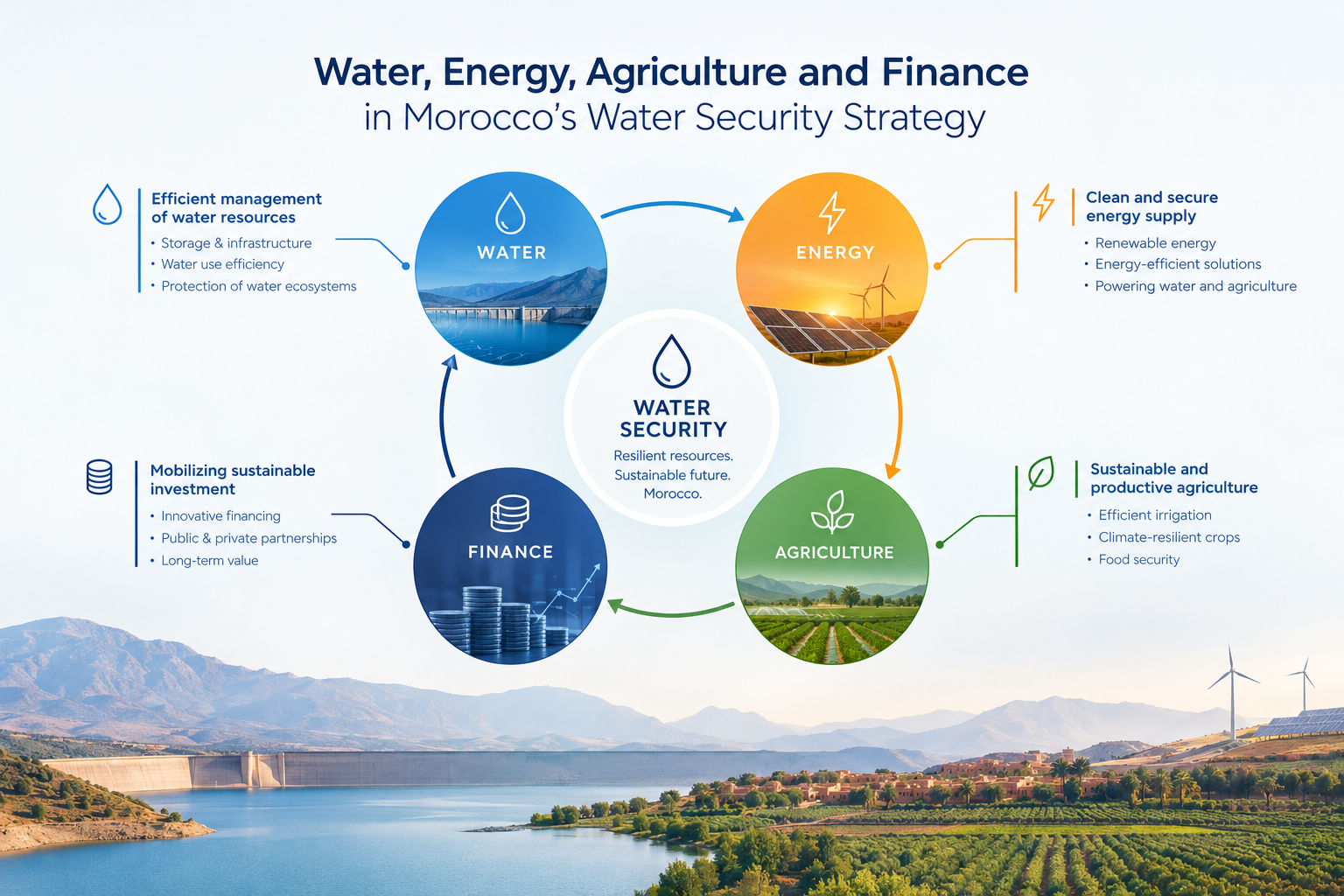 Diagram linking water, energy, agriculture and finance in Morocco's water security strategy